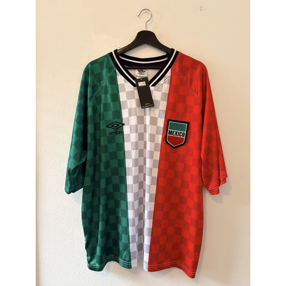 NWT Men's XL Umbro Mexico Soccer Jersey Retro Checkered Pattern Green White Red